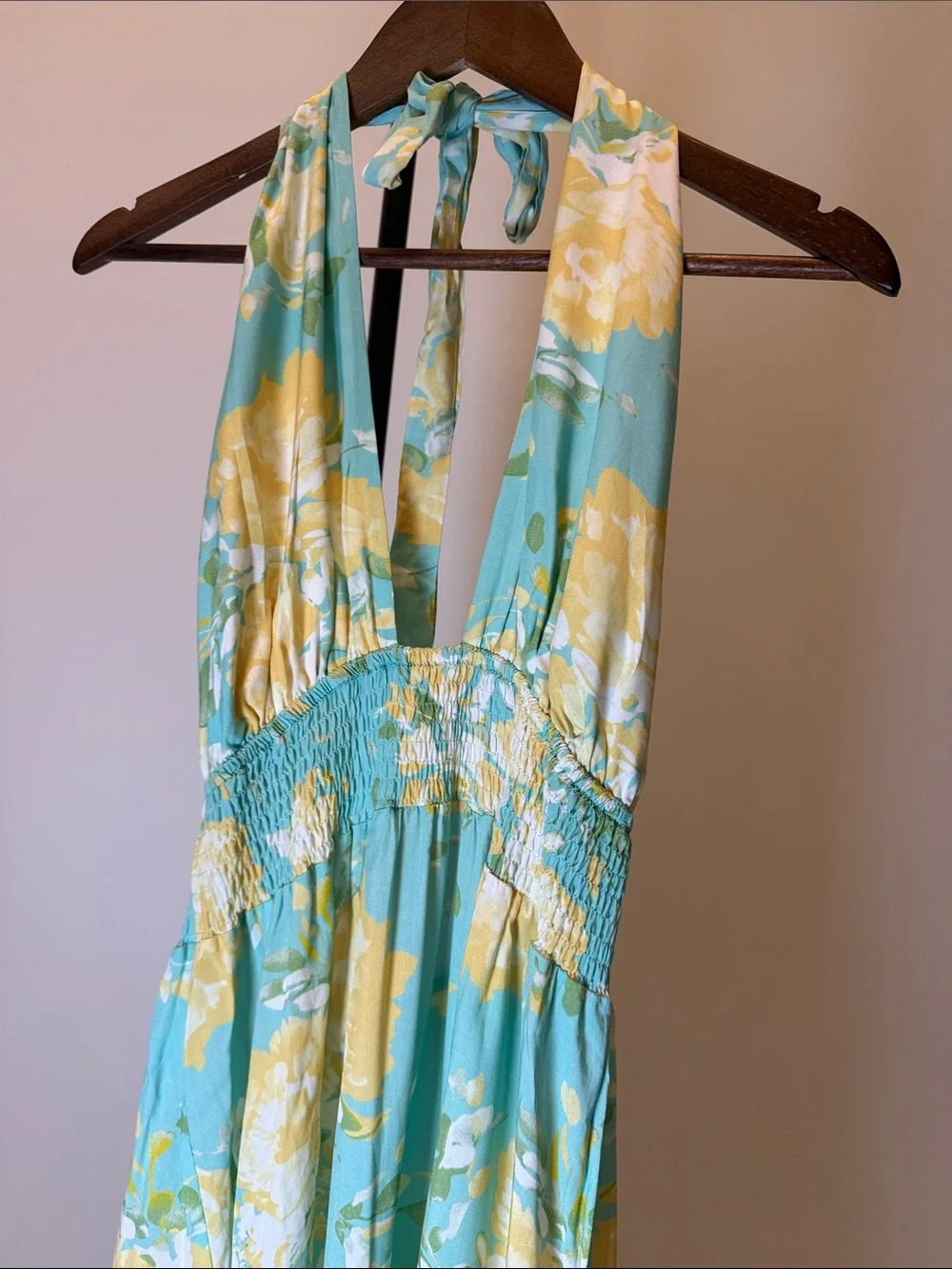 Hello Molly Floral Halter Maxi Dress Smocked Waist Turquoise Yellow | Size 6 (M) - Picture 3 of 8